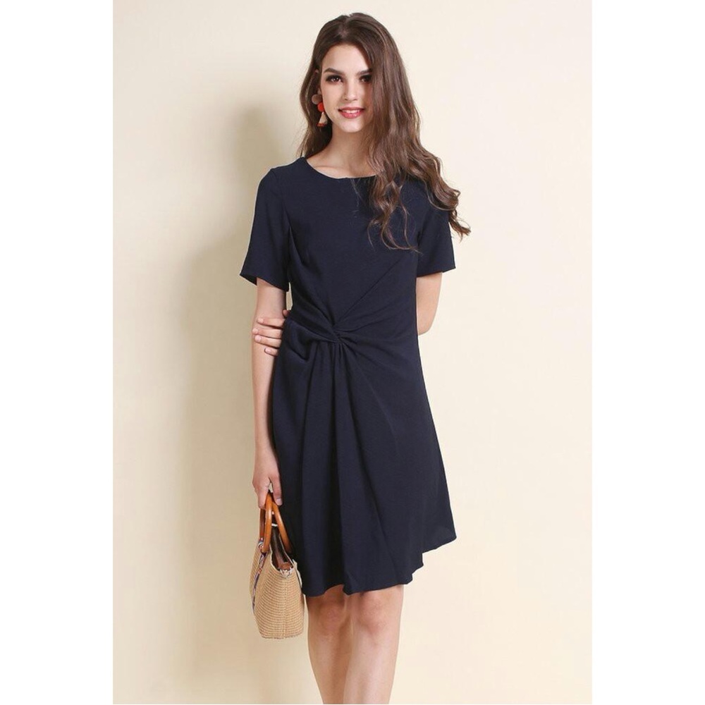 H&M Crepe Woven Draped Knotted Short Sleeve Knee Length Casual Dress Dark Gray